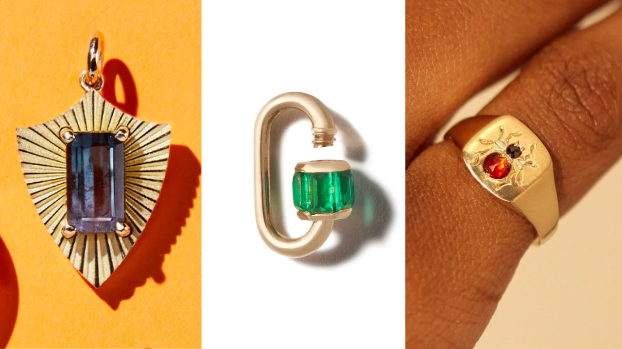 Gemstone pendants, locks, rings.