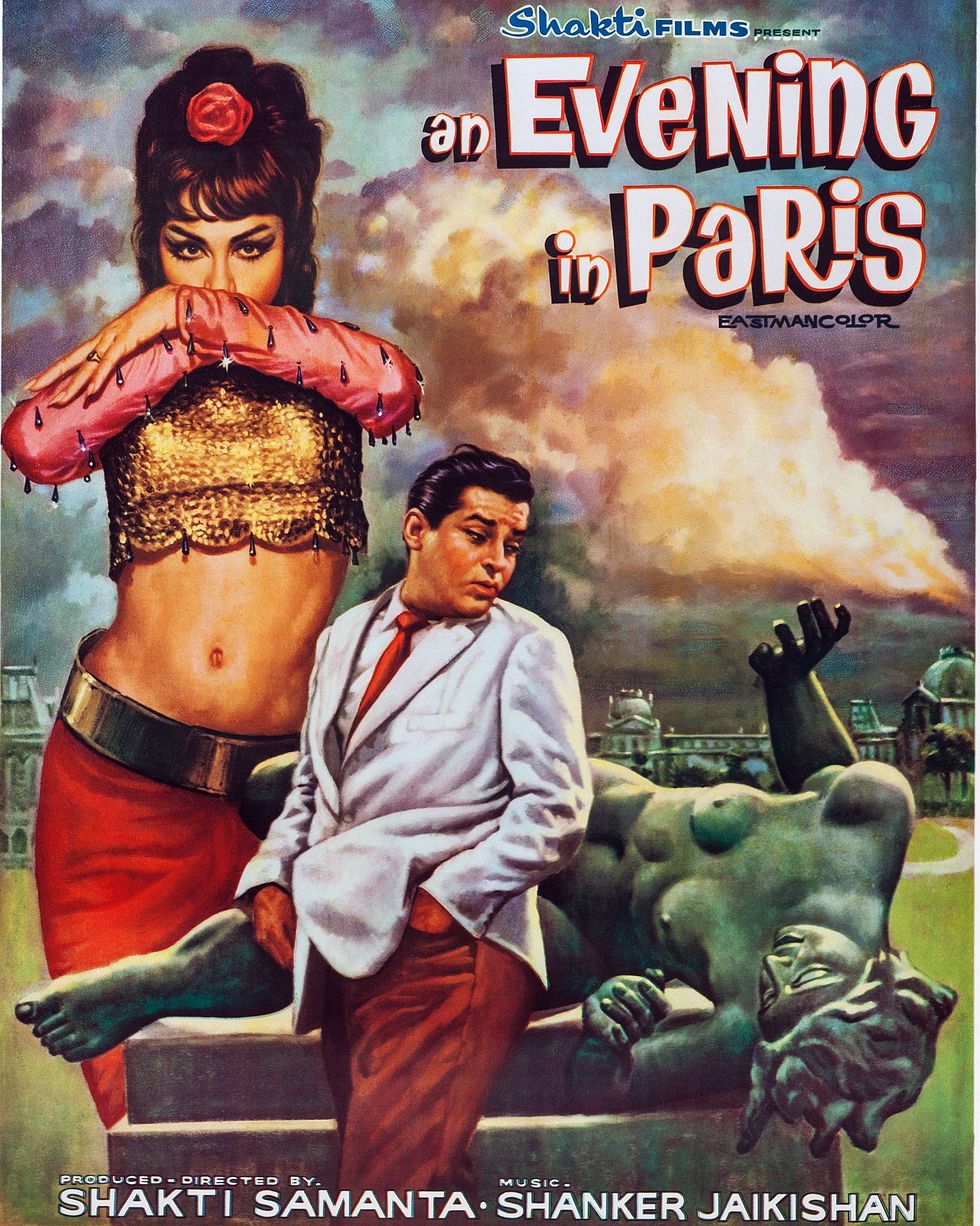 an evening in paris, poster, us poster art, from left sharmila tagore, shammi kapoor, 1967 photo by lmpc via getty images