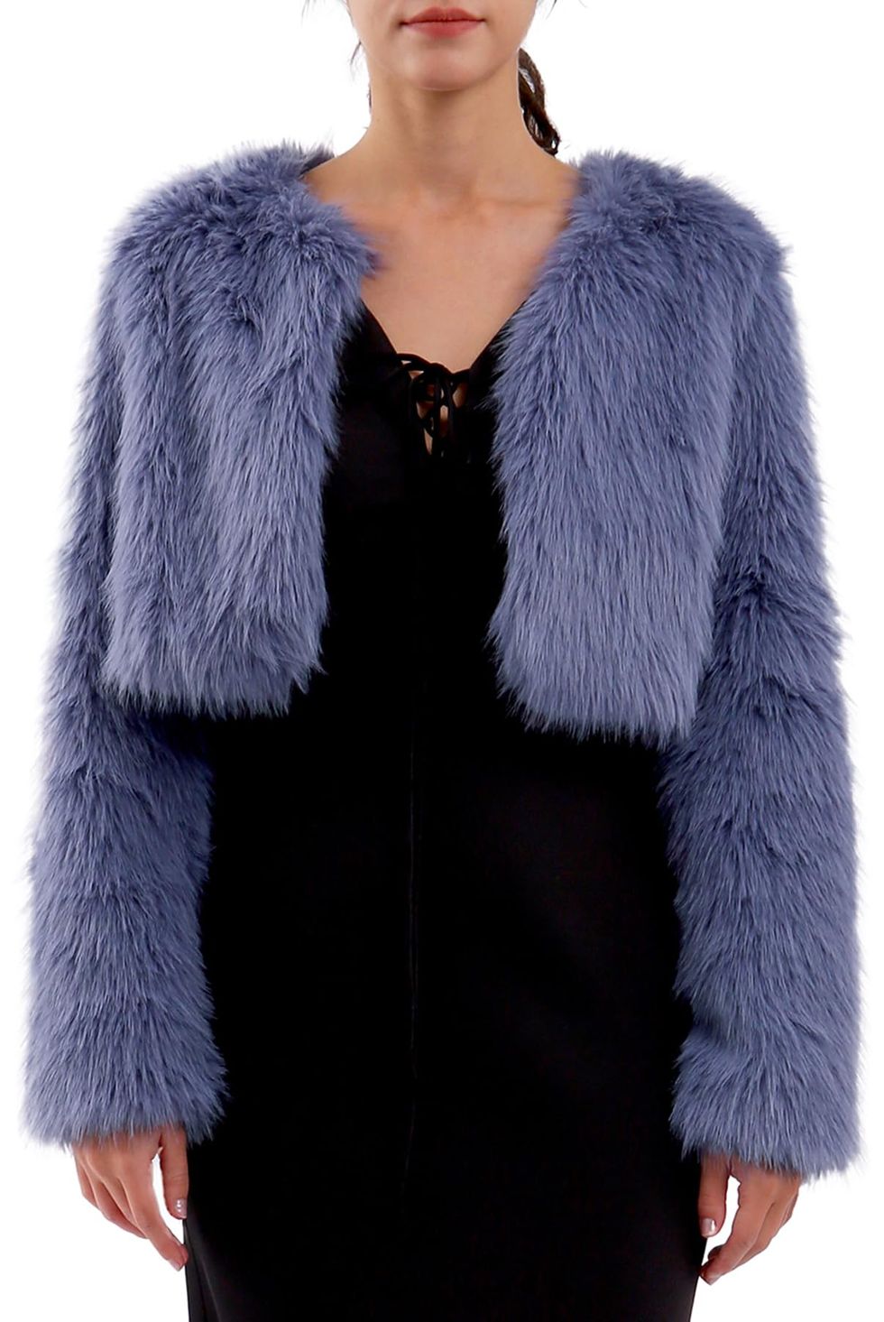 Womens Faux Fur Cropped Coat Open Front Long Sleeve Winter Jacket