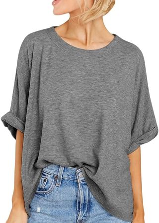 GeGekoko, Women Oversized T-Shirt Summer Casual Short Sleeve Loose Tee Tops Grey