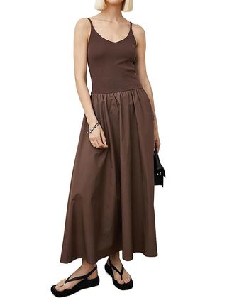 Dsewpaur Women Spaghetti Strap Maxi Dress Sleeveless Summer Casual Patchwork Cami Dress Scoop Neck Flowy Swing Long Dress Brown