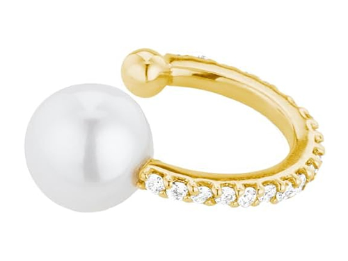 Paige Novick 14K Yellow Gold Pearl and Ball Ear Cuff with Diamond Pavé