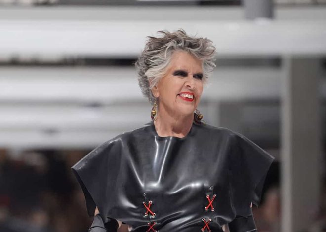 Dame Prue Leith stuns in skintight black latex on London Fashion Week catwalk