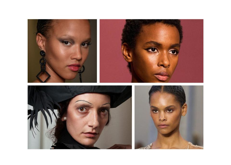 four models wearing dark eye makeup in a grid pattern