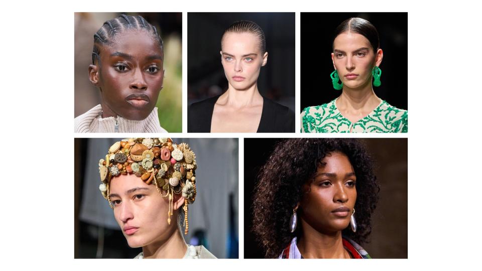 five models with dewy skin in a five grid pattern