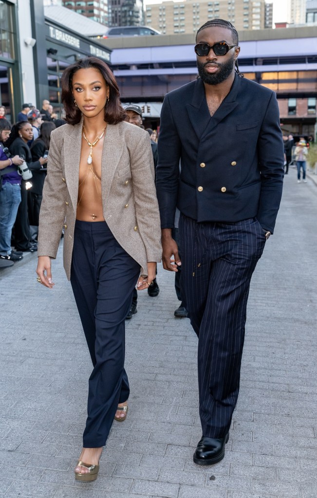 NEW YORK, NEW YORK - SEPTEMBER 08: Kysre Gondrezick and Jaylen Brown are seen arriving to Tommy Hilfiger Fashion show during New York Fashion Week on September 08, 2024 in New York City. (Photo by Gilbert Carrasquillo/GC Images)