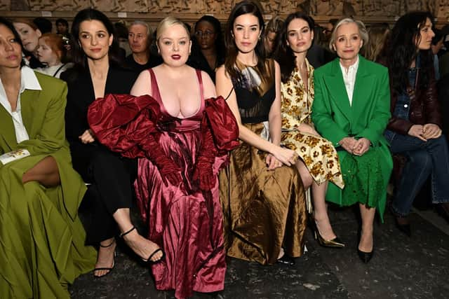 Marisa Abela, Nicola Coughlan, Gala Gordon, Lily James and Kristin Scott Thomas attend the ERDEM show during London Fashion Week February 2024 at The British Museum