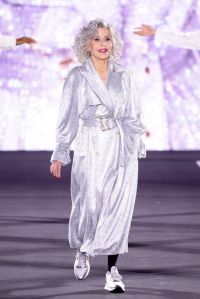 Jane Fonda on L'Oréal Paris' Walk Your Worth Runway on Sept. 23 in Paris, trench coat, fashion week