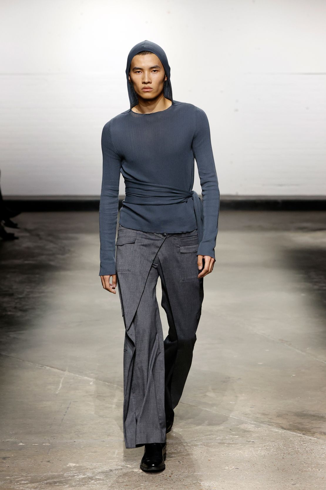 A pair of wrap around suit trousers were a fresh reinvention of corporate work wear.