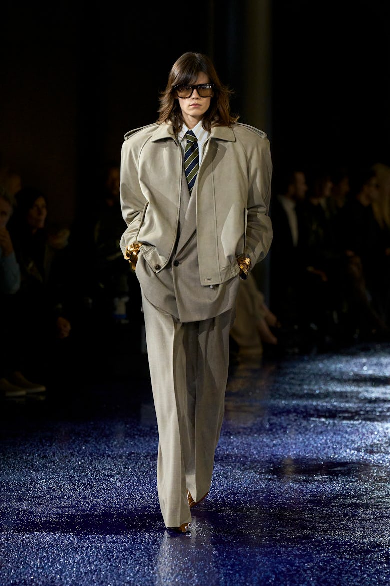 a look from saint laurent spring 2025 collection shown at paris fashion week runway show