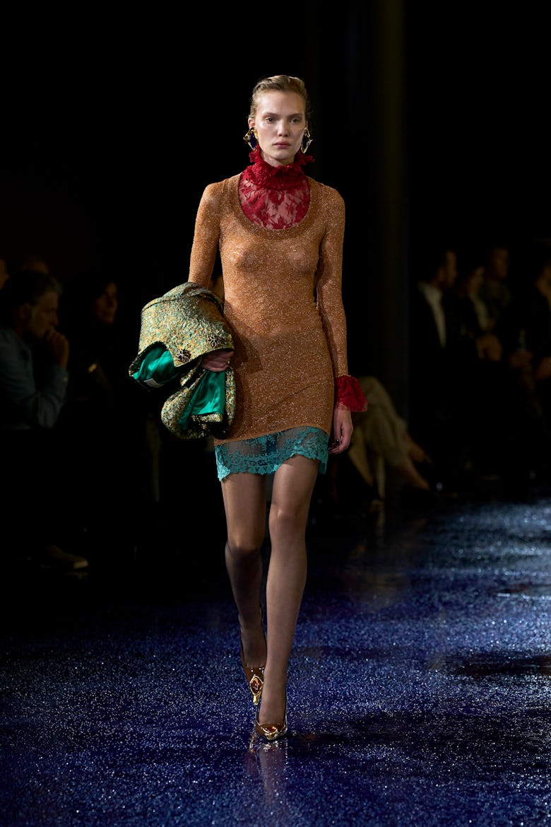 a look from saint laurent spring 2025 collection shown at paris fashion week runway show