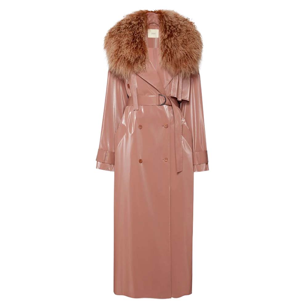 pink vinyl trench coat with shearling collar