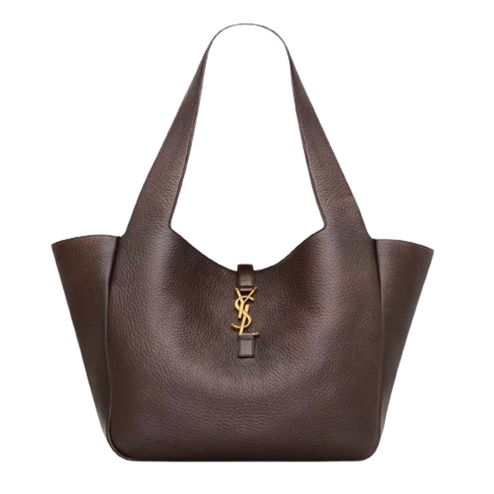 brown leather tote bag with gold clasp