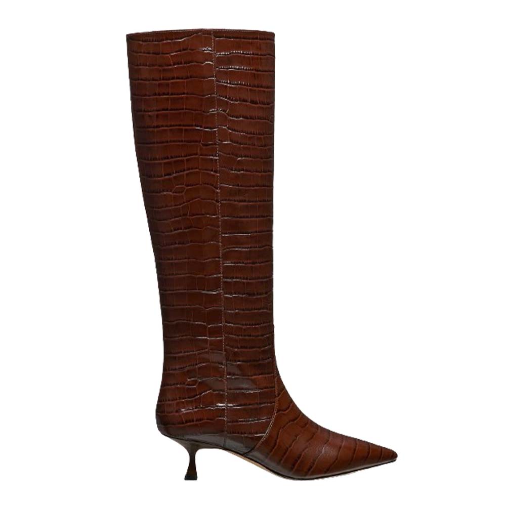 brown croc leather kitten heel boots