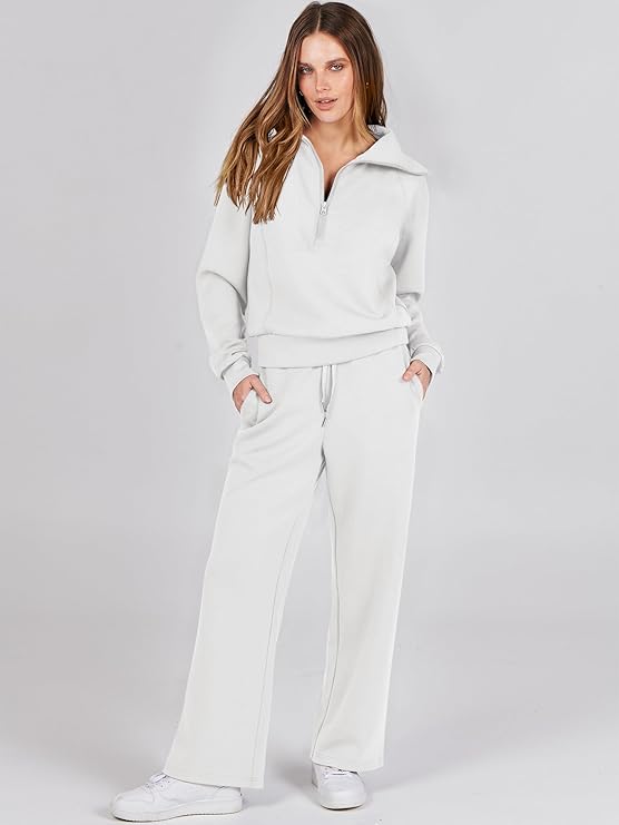 model wearing white matching sweatsuit