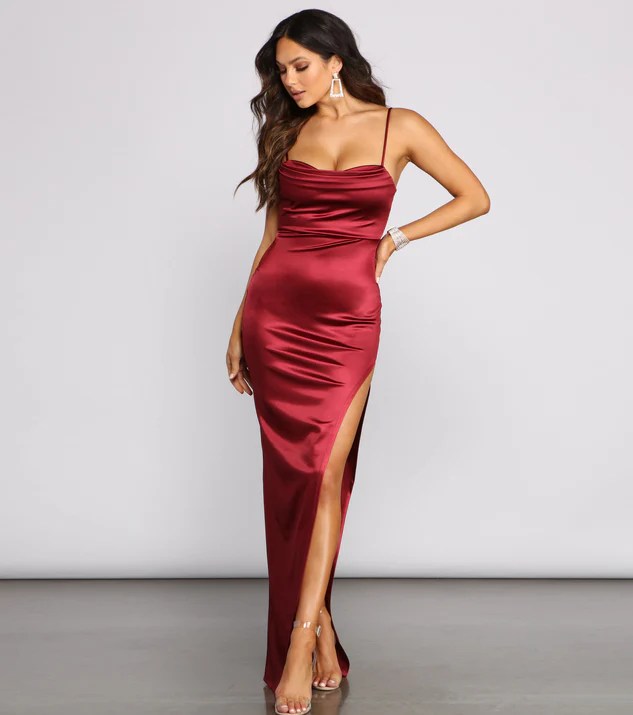 model wearing maxi satin red ruched dress