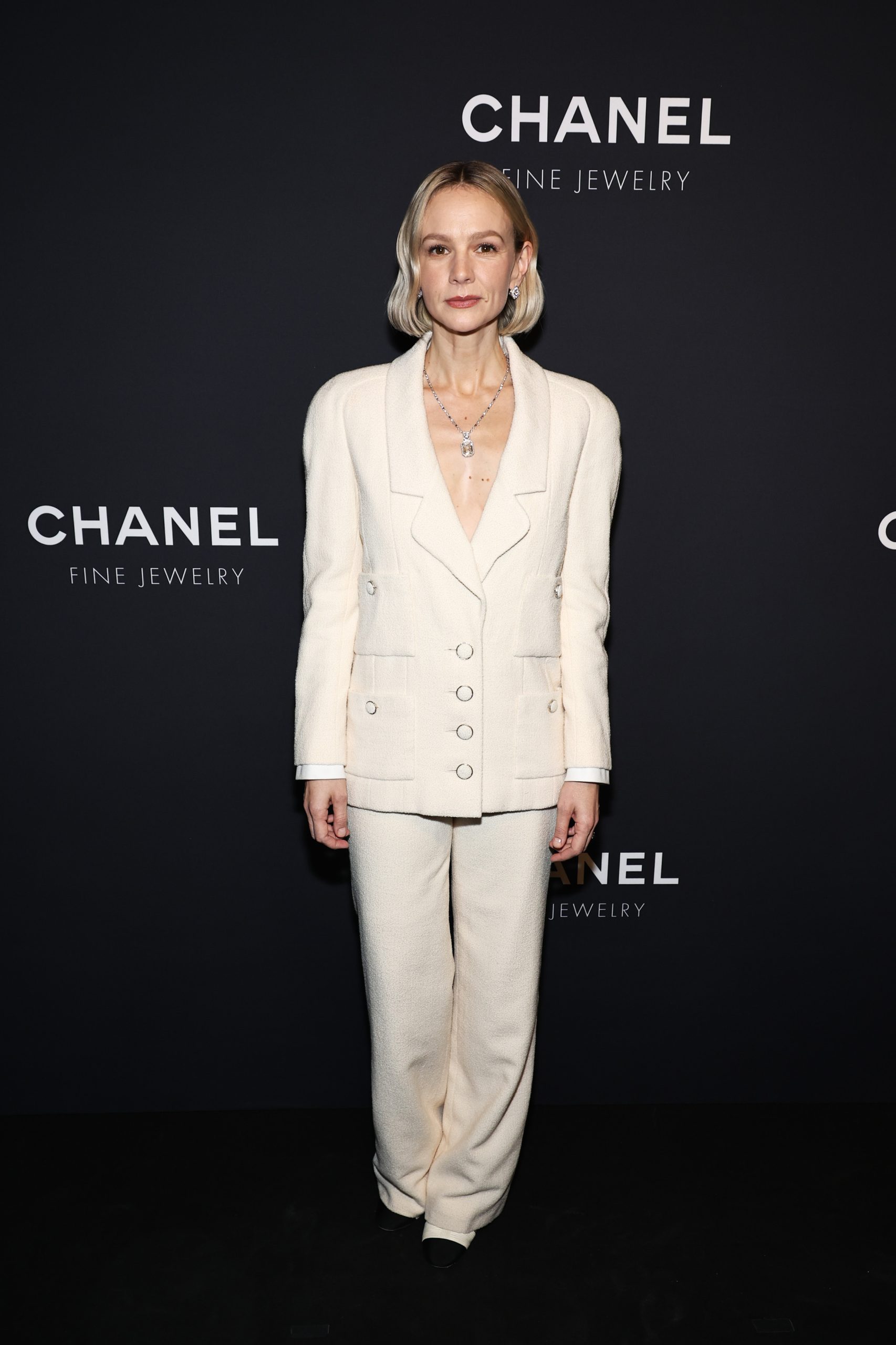 NEW YORK, NEW YORK - FEBRUARY 07: Carey Mulligan, wearing CHANEL, attends the CHANEL Dinner to celebrate the Watches & Fine Jewelry Fifth Avenue Flagship Boutique Opening on February 07, 2024 in New York City. (Photo by Jamie McCarthy/WireImage)