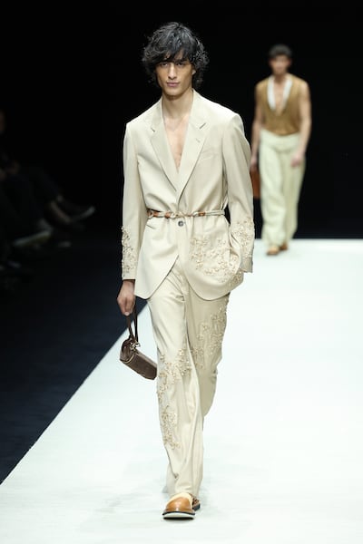 The spring/summer 2025 by Emporio Armani offered belted suits. Getty Images