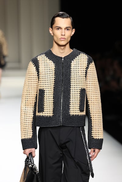 The Dolce & Gabbana show opened with a jacket woven from wicker, for spring/summer 2025.  Getty Images