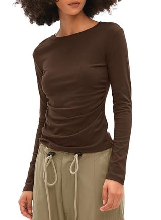 Womens Basic T-Shirts Crew Neck Long Sleeve Tops Cute Fall Tops Slim Fit Tees Y2k Clothing 2024 9067 Coffee M